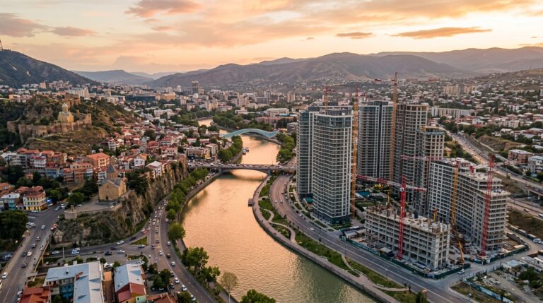 פרויקטים חדשים בטביליסי: נוף אווירי של הנהר ומגדלי מגורים בבנייה